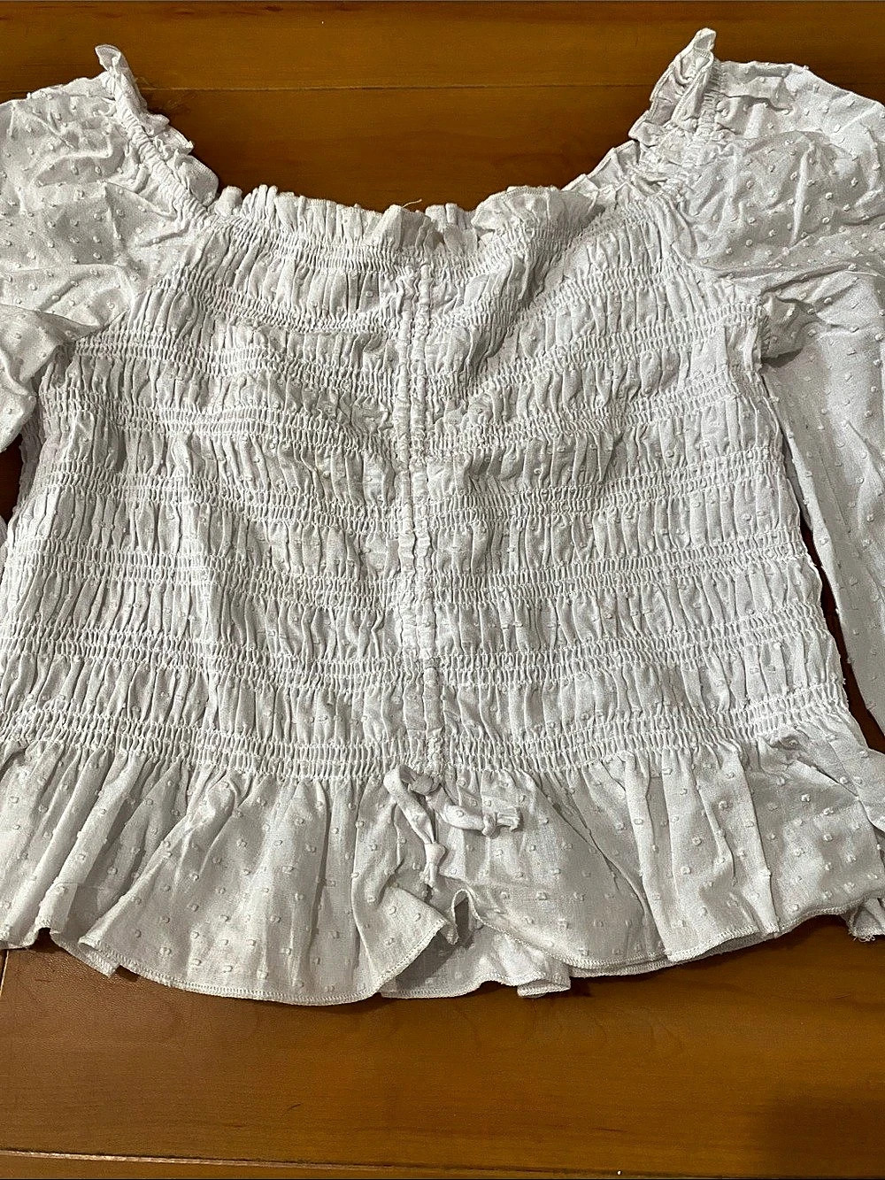White Smocked Ruffle Blouse Like New - Picture 3 of 7